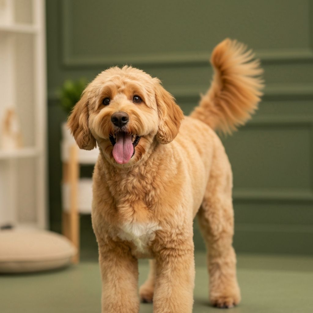 Playful golden doodle after grooming