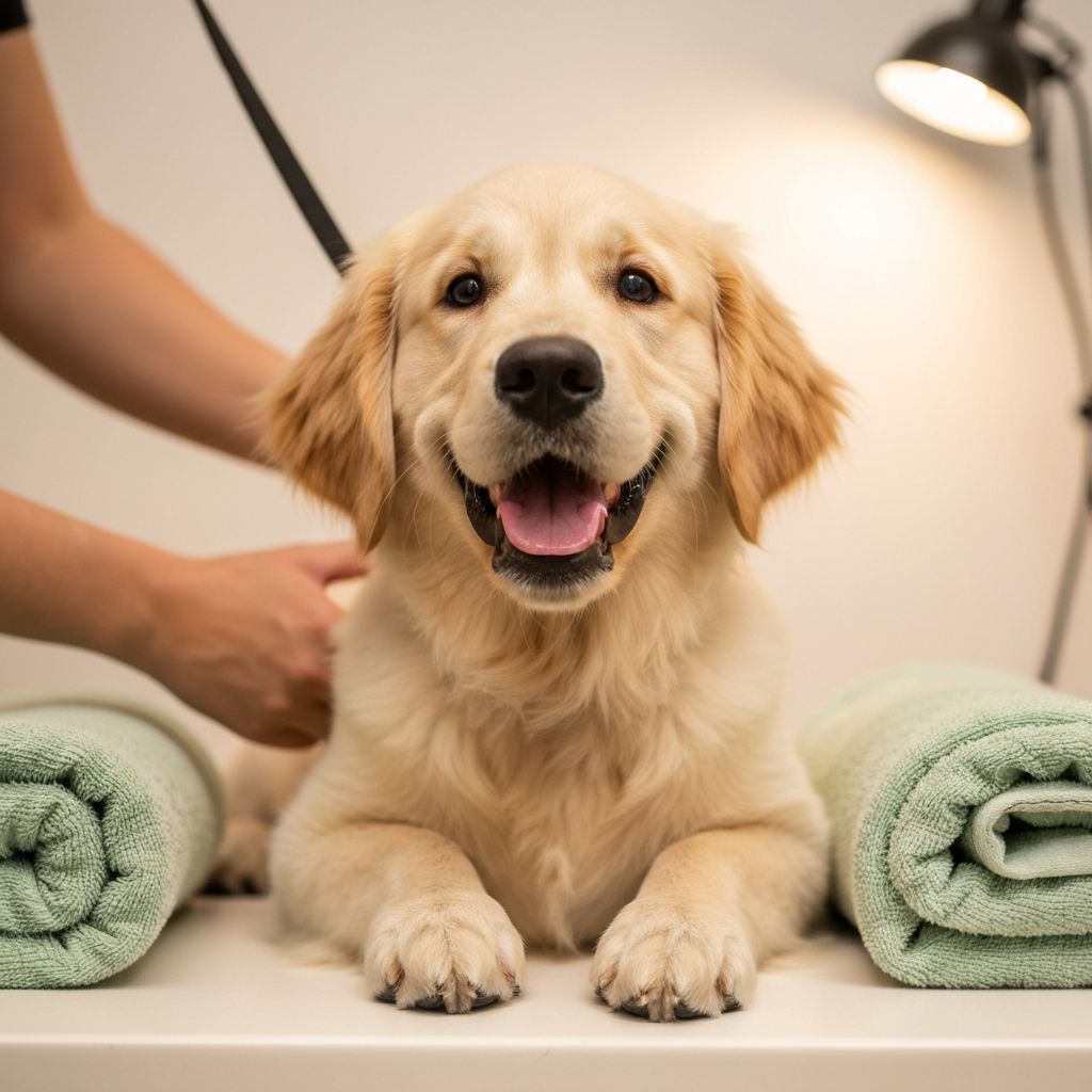 Happy dog being pampered at Waggie Grooming
